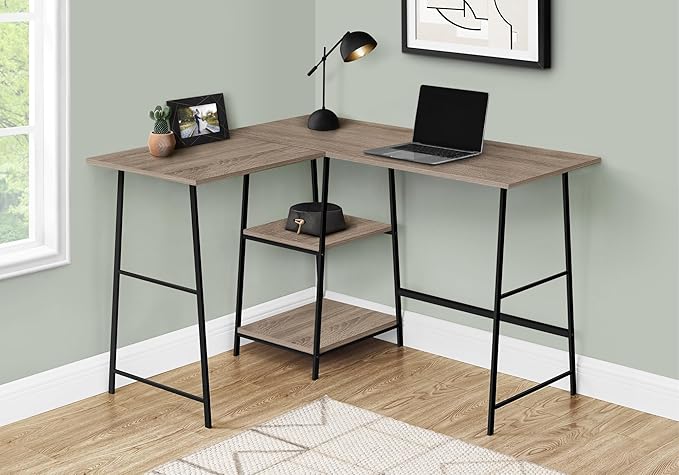 Computer Desk Home Office Corner Storage Shelves 48 l L Shape Work Laptop Brown Laminate Black Metal Contemporary Modern