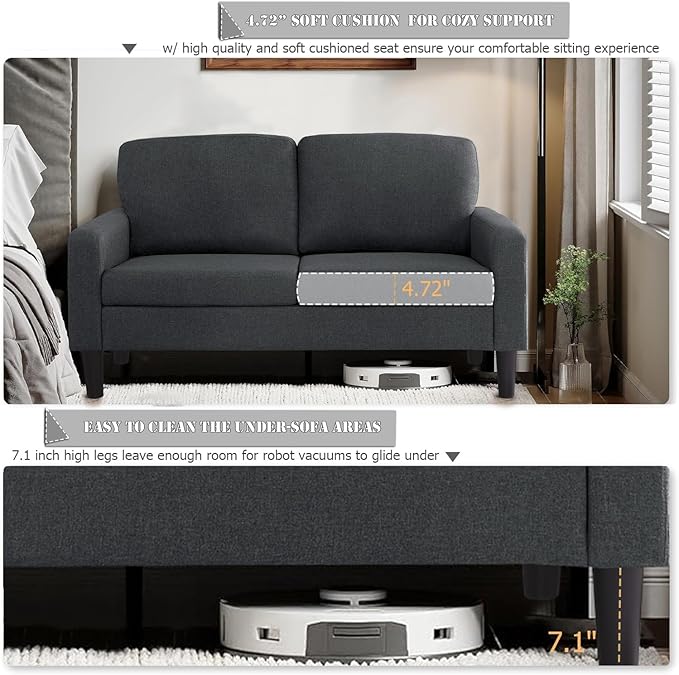 Flesser 53-Inch Loveseat Sofa Dark Grey Small Couch for Small Spaces Linen Fabric Love Seat 2 Seater Sofa for Bedroom Dorm Room Offices All-Wood Couch Tool-Free