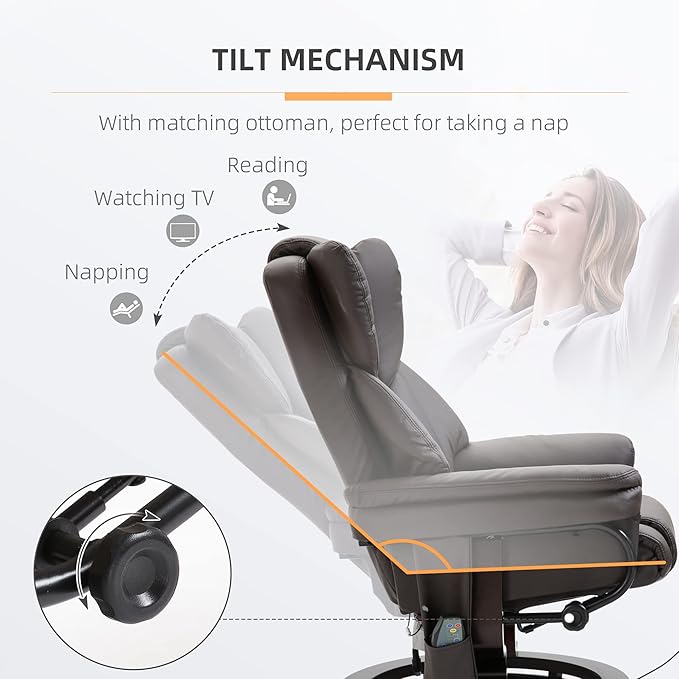 Massage Recliner Chair with Ottoman Footrest 10 Vibration Points 360° Swivel Reclining Chair Faux Leather Living Room Chair with Side Pocket and Remote Control