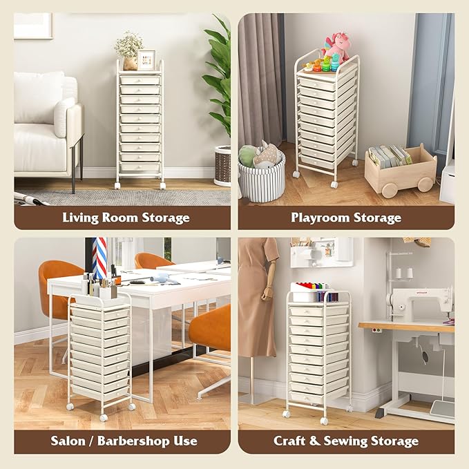 Giantex 10-Drawer Storage Cart w/Universal Wheel Rolling Cart w/Handle Home Organizer Storage Unit w/Removable Drawers Trolley Utility Cart for Kitchen Makeup Living Room Office Play Room Ivory