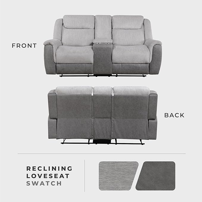 Lexicon Manual Reclining Loveseat for Living Room Chenille Double Recliner Loveseat Center Storage Console/Home Theater Seating/Wall Hugger/Padded Headrest Required Assembly Two-Tone Gray