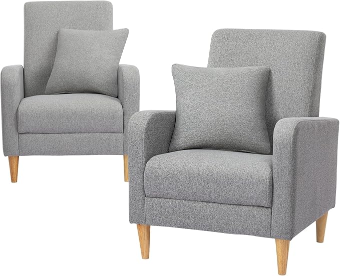 COLAMY Modern Accent Chairs Living Room Chairs Set of 2 Fabric Reading Side Arm Chair Upholstered Single Sofa with Lounge Seat and Wood Legs Light Grey