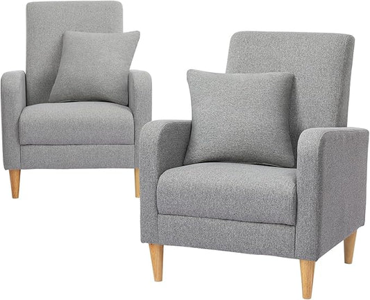 COLAMY Modern Accent Chairs Living Room Chairs Set of 2 Fabric Reading Side Arm Chair Upholstered Single Sofa with Lounge Seat and Wood Legs Light Grey