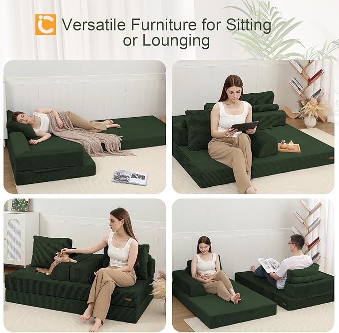 COMAX Convertible Sofa Bed Folding Floor Couch Corduroy Fold Out Couch Bed Futon Sleeper Mattress with Pillows Boneless Sofa Comfy Lounge Loveseat for Living Room Bedroom Green