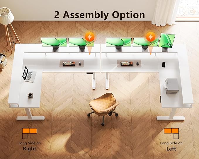 AODK Electric L Shaped Standing Desk 59 Inch Height Adjustable Stand Up Desk with Power Outlets ＆ Full Monitor Stand Reversible Corner Desk for Home Office ＆ Computer Workstation White