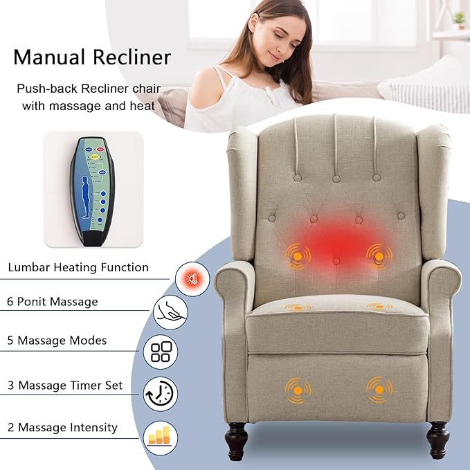 MANBUR Wingback Pushback Recliner Chair Upholstered Tufted Recliner with Massage and Heat Tufted Armchair Single Sofa Reclining Sofa for Living Room Bedroom or Club (Beige)
