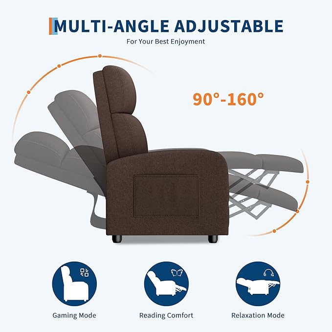 GarveeHome Linen Fabric Manual Recliner Chair with Side Pocket High Backrest Thick Cushion Adjustable Push Back Recliner Lazy Lounge Chair for Living Room Home Theater Bedroom Brown
