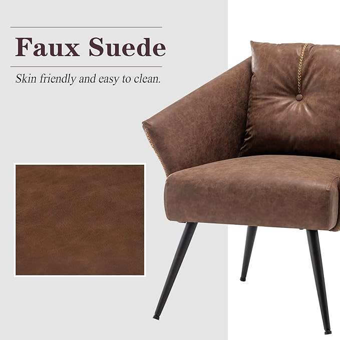 Alunaune Upholstered Brown Accent Chairs Set of 2 Modern Faux Leather Living Room Chairs Arm Chair Tub Bucket Club Chair Mid Century Large Lounge Chair Single Sofa for Bedroom
