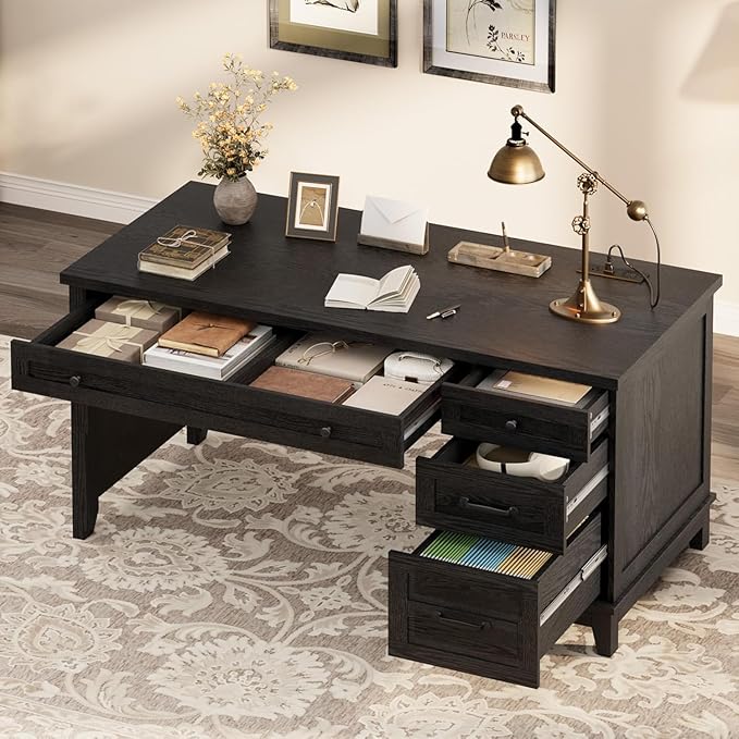 Farmhouse Home Office Desk with Power Outlets &amp USB Ports 53.5 Inch Writing Desk with Adjustable File Cabinet and Storage Drawers Executive Computer Desk for Study Workspace