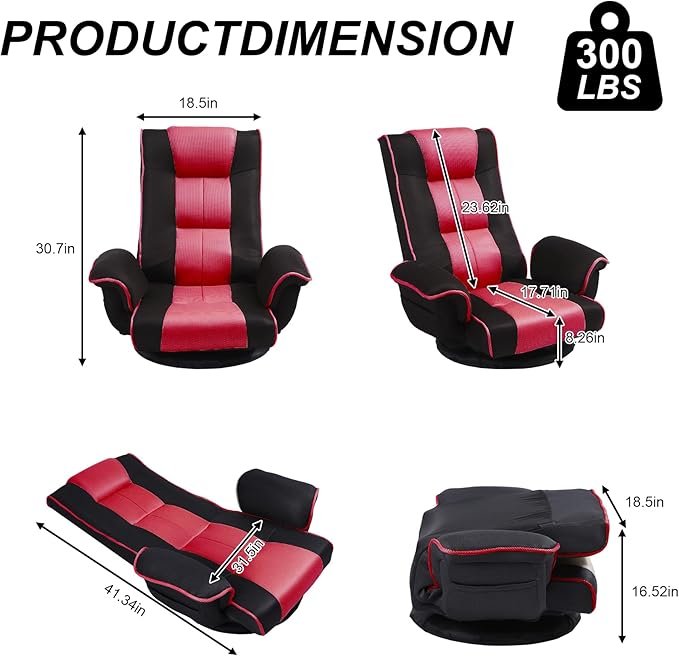 Swivel Floor Chairs for Adults Floor Gaming Chair with Extra Wide Arms Back Support 14 Angles Adjustable Comfortable Double Mesh Fabric Lazy Sofa for Video Game Chairs 201 (Black+red)