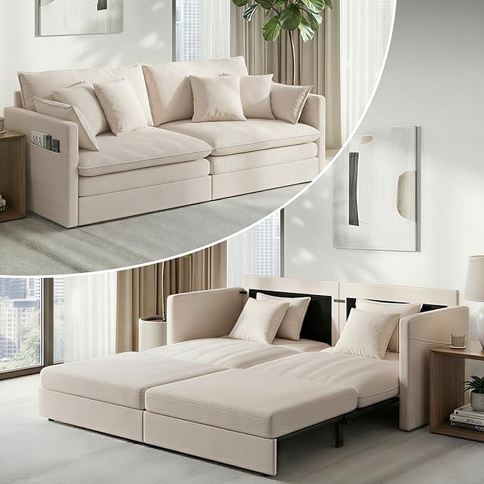 CECER 78 King Size Pull Out Sofa BedIce Velvet Pull Out Couch with Side Pocket3-in-1 Convertible Sleeper Sofa with 4 Pillows for Small Space/Living Room/Bedroom（Beige）