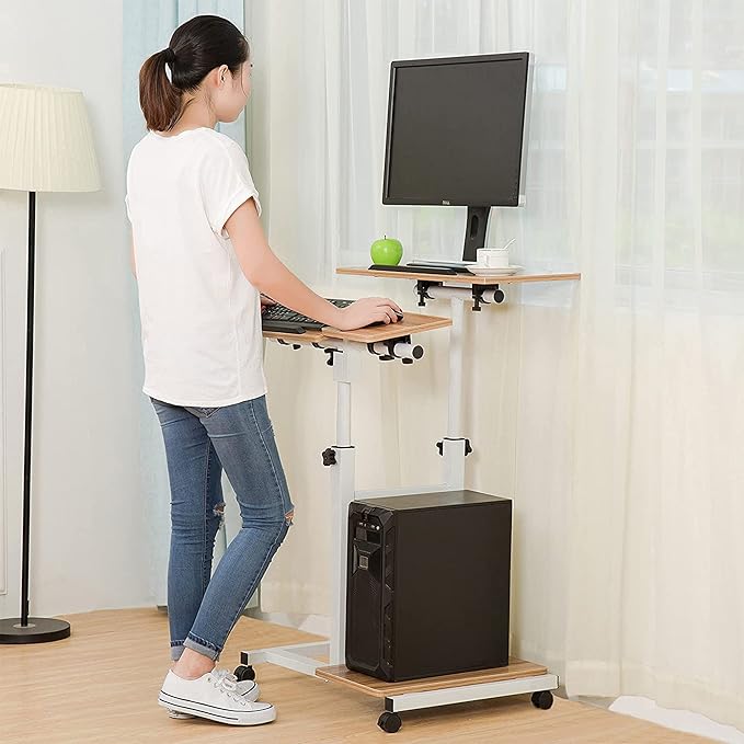 SDADI 3-in-1 Overbed Table with Monitor Mount &amp PC Shelf Mobile Workstation for Sofa Bed and Home Office Use Adjustable Height Rolling Computer Table for Laptop and Gaming Setup