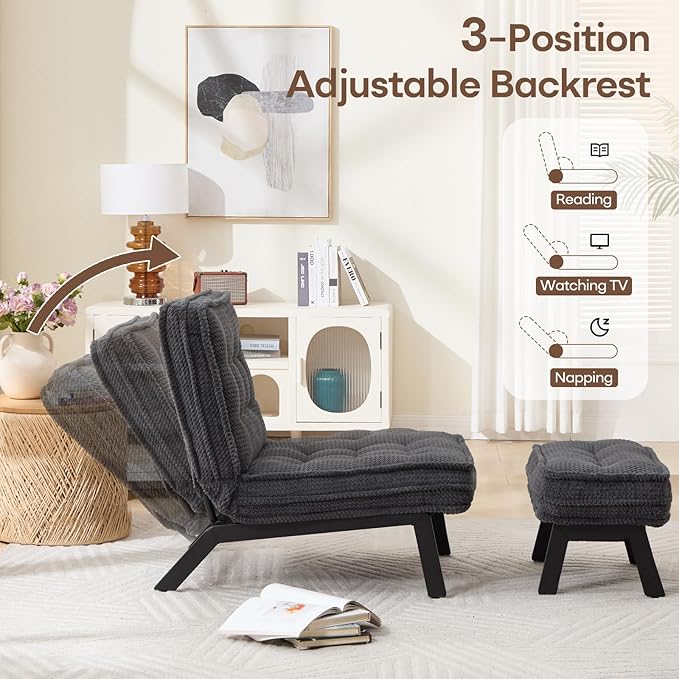 ANJ 3-Position Adjustable Accent Floor Chair Set of 2 with Ottoman Ergonomic Stable Lounge Chairs for Adults Thick Cushioned Comfy Reading Chair with Footrest for Living Room Bedroom Black