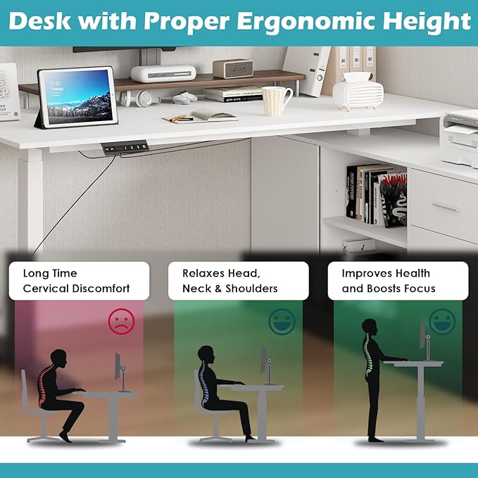 Homsee Home Office L Shaped Electric Standing Desk with Drawers and Shelves Height Adjustable &amp Shape Reversible Stand up Desk 63 Computer Executive Corner Table White