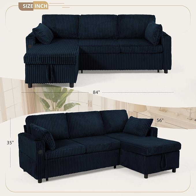 84 Corduroy Pull Out Sofa Bed w/Adjustable Backrests Sectional L-Shape Sleeper Sofa w/Storage Chaise Convertible Couch Bed w/USB Charging Port &amp Cup Holders for Living Room House Blue