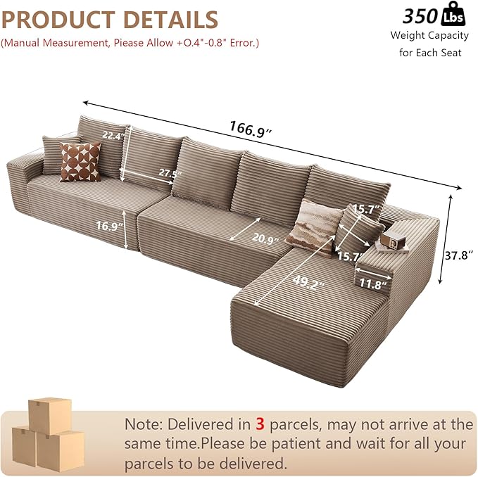 Cloud Modular Sectional Sofa for Living Room167x69.7 Oversized L-Shaped Couch with 7 PillowsBig Comfy Couches SetFluffy Deep-Seat Corduroy Sofa with ChaiseNo Assembly (CamelRight-Facing Chaise)