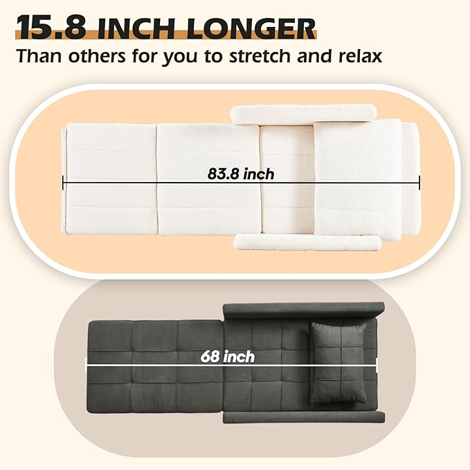 Sleeper Chair 84 Extra Long Convertible Chair Bed Upgraded 3-in-1 to 4-in-1 Pull Out Chair &amp Single Sofa Bed for Adult Sleeping Chair for Living Room &amp Small Space (White)