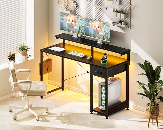 AODK Gaming Desk with LED Lights 48 Inch Computer Desk with Drawers Reversible Small Desk with Monitor Stand &amp Headphone Hook for Home Office Black