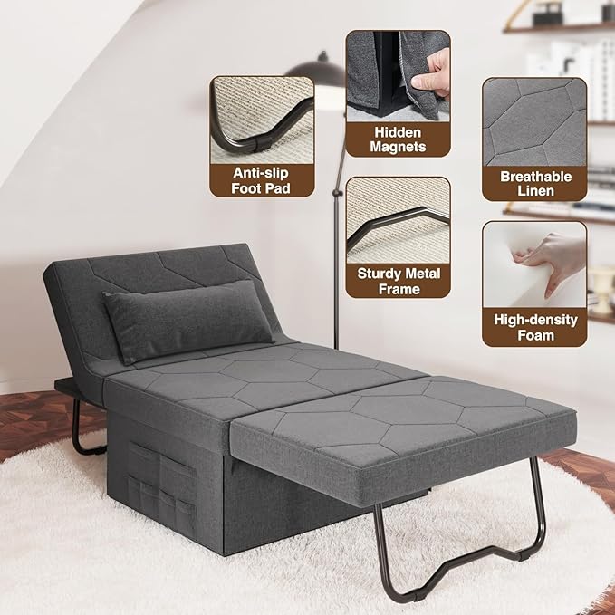 4 in 1 Sleeper Chair Convertible Sleeper Sofa with Ottoman Ottoman Bed for Adults Sofa Bed with Adjustable Backrest for Living Room Apartment Office Light Grey