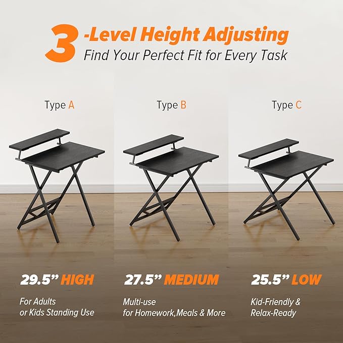 WOHOMO Folding Computer Desk with Adjustable Height 23.6 x 31.5 x 25.6 Foldable Table with Monitor Stand Small Office Desk for Bedroom Space Saving Desk for Home Office Easy Assemble Black