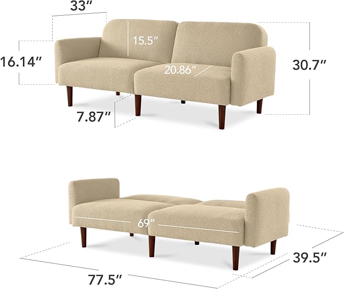Best Choice Products 77 Mid Century Modern Boucle Loveseat Sofa Couch Convertible Sofa Sleeper Bed w/Real Wood Removable Armrest - Oatmeal