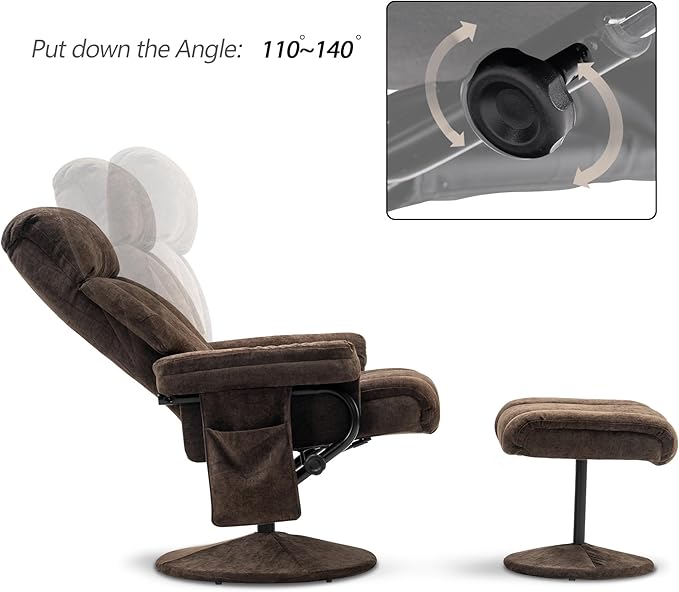 MCombo Swivel Recliner with Ottoman TV Chair with Vibration Massage Ideal for RV Small Space Living Room &amp Bedroom 4828 (Textile Dark Brown)