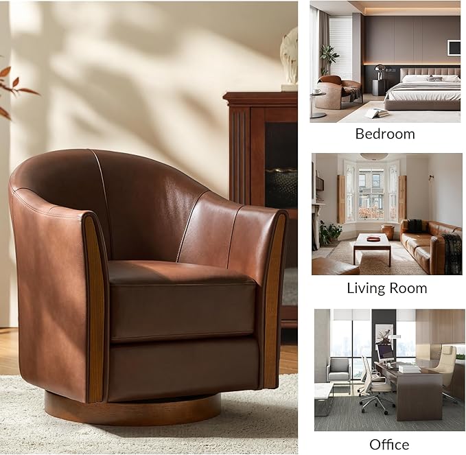 Classic Genuine Leather Swivel Barrel Chair with Solid Wood Base Comfortable Design for Living Room &amp Lounge Brown