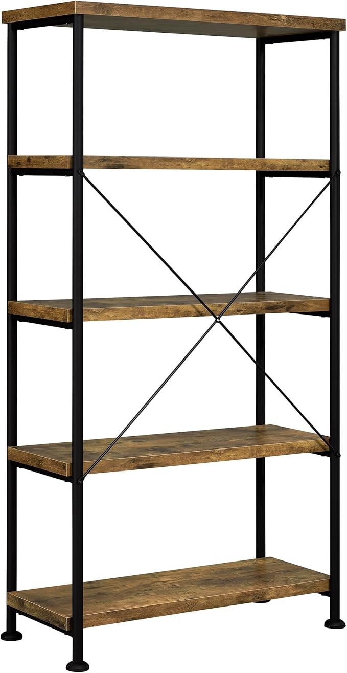 Coaster Home Furnishings - Analiese - Metal and Wood - 2-Piece Computer Desk and Bookcase Set with Three Storage Drawers Four-Shelf Bookcase - Farmhouse - Home Office - Rustic Nutmeg - 801541-S2