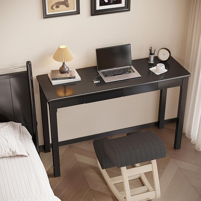 Solid Wood Desk with Drawers - 47 x 16 Inch Modern Narrow Desks Rubber Wood Study Table Small Writing Desk for Small Spaces|Bedroom - Black Desks