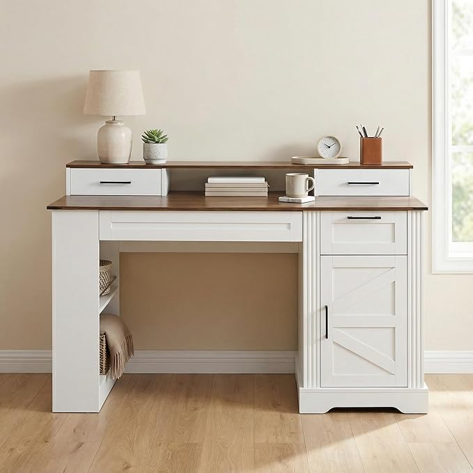 55'' Farmhouse Office Desk with Charging Station &amp Storage Cabinet Home Office Desk Barn Door Design Computer Desks with File Drawer &amp Keyboard Tray for Study Living Room White