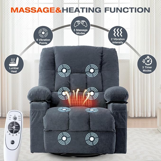 Swivel Recliner Chair for AdultsRocker Recliner with Vibration Massage and Lumbar HeatErgonomic Rocking Chair with Side Pocket2 Cup Holders for Living Room