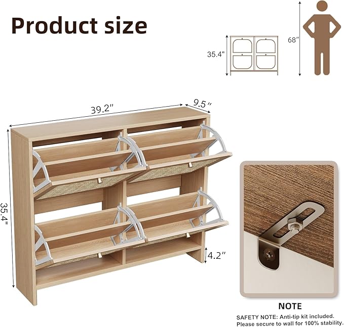 Nicetree Shoe Cabinet Storage for Entryway 4-Flip Drawer Narrow Shoe Rack Organic Modern Rattan Shoe Organizer with Gold Legs Shoe Organizer Fits Men's Size 13.5 Sun-Drenched Amber Oak