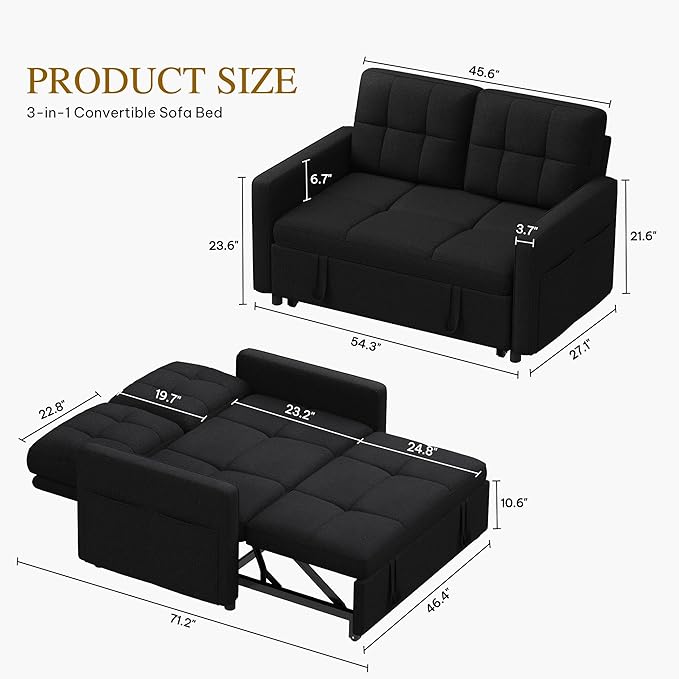 DWVO 55 Convertible Sofa Bed 3-in-1 Sleeper Sofa with Pull-Out Bed Linen Futon Couch with Adjustable Backrest and Side Pocket Modern Loveseat for Living Room Apartment Balck
