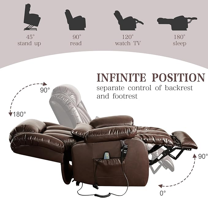 Infinite Position Lay Flat Lift Recliner Chair for Adults Dual Motor Power Lift Chair for Elderly with Massage &amp Heating Extended Footrest USB Ports Remote Control &amp Lumbar Pillow Leather