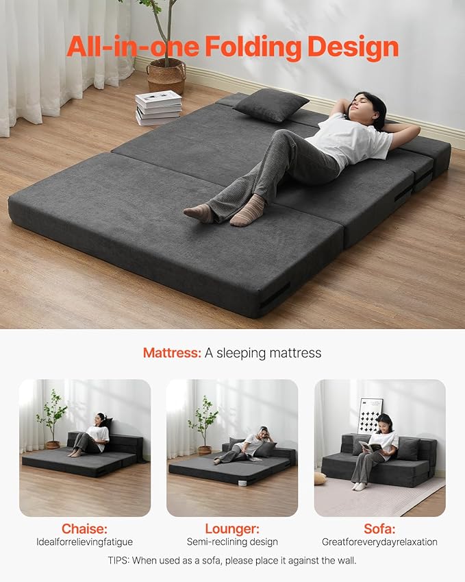 VEVOR Folding Sofa Bed 3-in-1 Foldable Couch Bed with 2 Pillows and Washable Cover 25D High Density Memory Foam Convertible Sleeper Chair Bed Futon Couch for Living Room Bedroom Dark Grey(Queen)