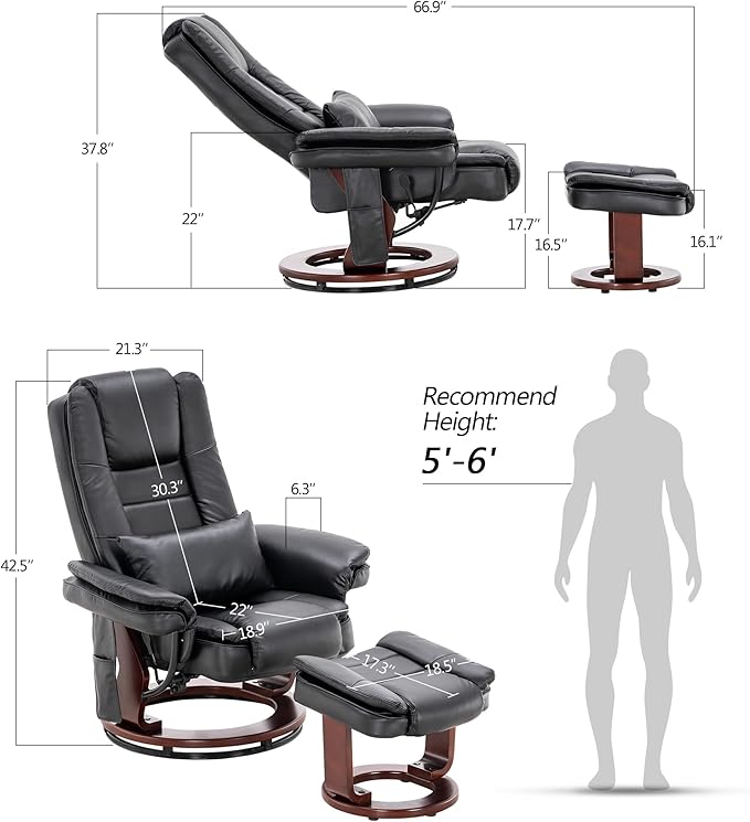 MCombo Swivel Recliner with Ottoman Chair TV Chair Sets with Vibration Massage for Small Space Living Room Bedroom 9096 9099 (Textile Black)