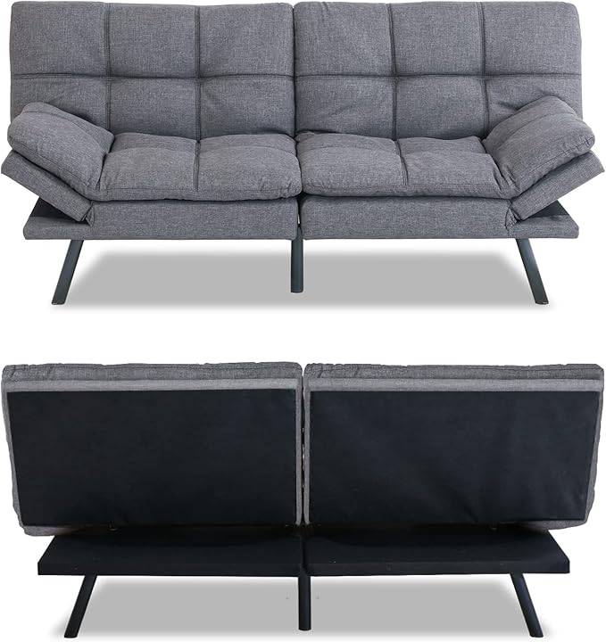 Opoiar Futon Sofa Bed Grey Fabric Memory Foam Leather Futon Split SeatModern Sleeper Love SeatFolding Modern Sleeper Sofa for Small Space/Drom/Office/Apartment
