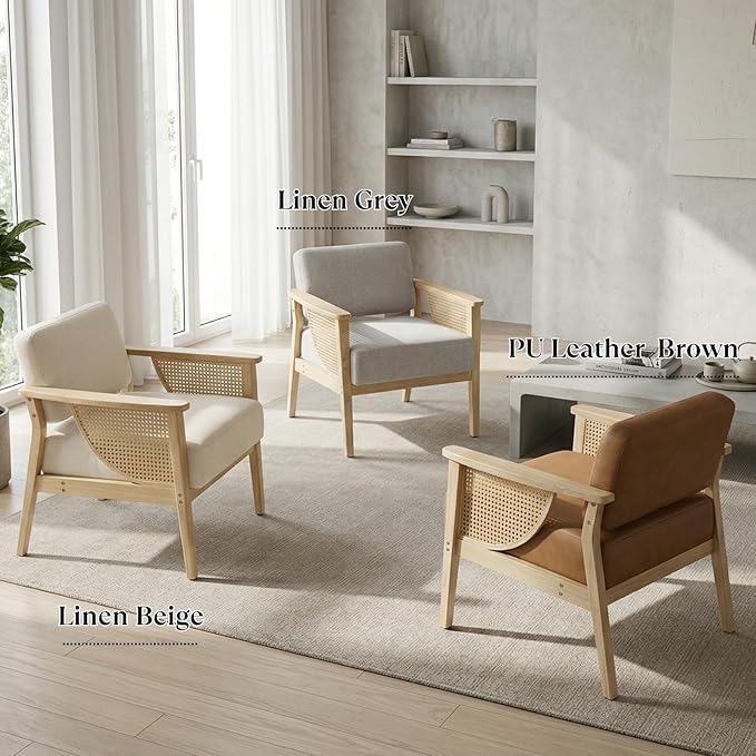 Mid Century Modern Accent Chair Rattan Armchair with Wood Legs Living Room Chair PU Leather Upholstered Lounge Chair for Bedroom Reading Room Brown
