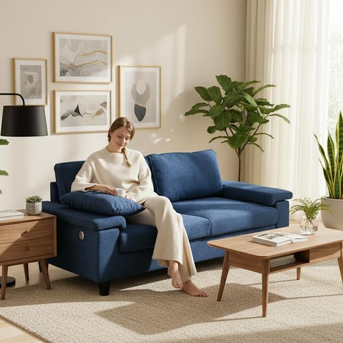 79'' Deep Seat Sofa for Living Room Mid Century Modern 3 Seater Couch with Adjustable Armrests &amp Charging Ports Navy Blue Loveseat for Apartment Home Office