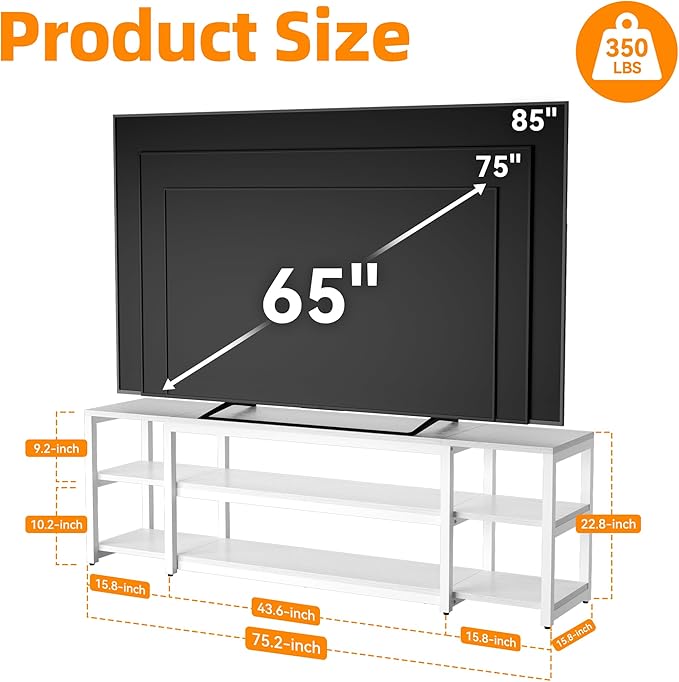 Aquzee White TV Stand for up to 85inch Entertainment Center for 70 75 80 85 TV 75.2 Wide Wood Television Console Table for Living Room Bedroom Gaming Room