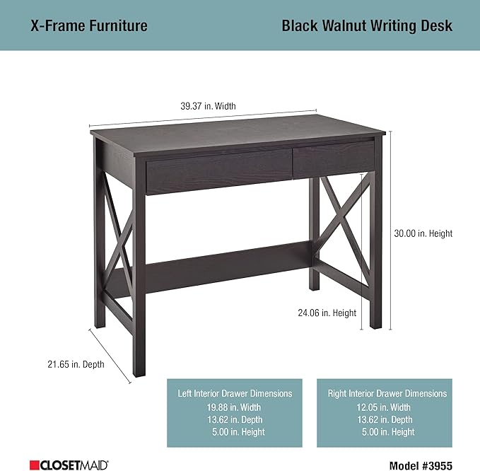 ClosetMaid 3955 X-Frame Design Writing Desk or Console Table with Drawers Black Walnut Wood