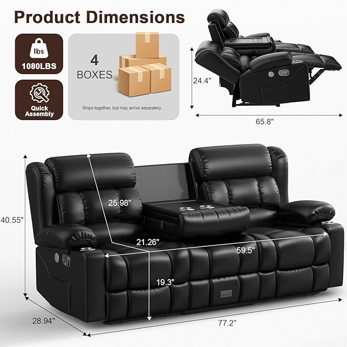 Loveseat Recliner Sofa 3 Seater Minimalist Style Reclining Loveseat with Flip Back Console USB Charge Ports Cup Holders Recliner Love Seat Couches for Living Room RV Black
