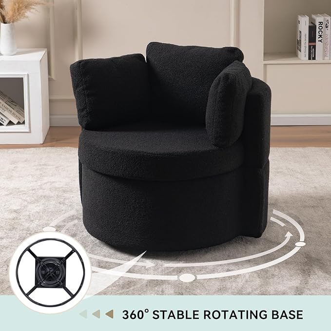 FOXHUNTER Swivel Barrel Chair 360 Degree Swivel Round Storage Chair with 3 Pillows Oversize Teddy Swivel Accent Chair Comfy Single Sofa Chair for Nursery Living Room Bedroom (Black)