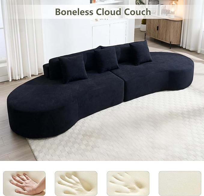 129.9 Oversized Sectional Sofa for Living Room Modern Curved Couch Compressed Modular Cloud Sofa Boneless 4 Seater Couch Large Sectional for Office Apartment- Black