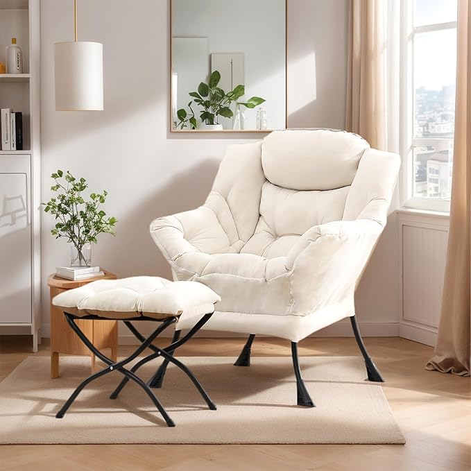 Lazy Chair with Ottoman Large Beige Accent Chair with Ottoman Comfy Reading Armchair Leisure Sofa Chair for Living Room Bedroom Dorm Room Office
