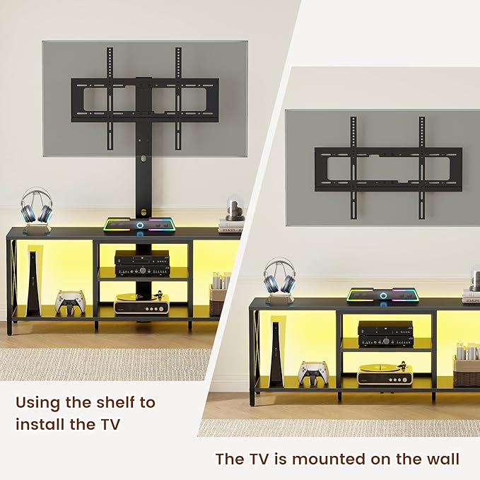 Flycity TV Stand with Mount and LED Lights Universal TV Stand Mount for 32-75 inch TV Entertainment Center with Storage Metal TV Console Table Height Adjustable TV Stands for Living Room Black