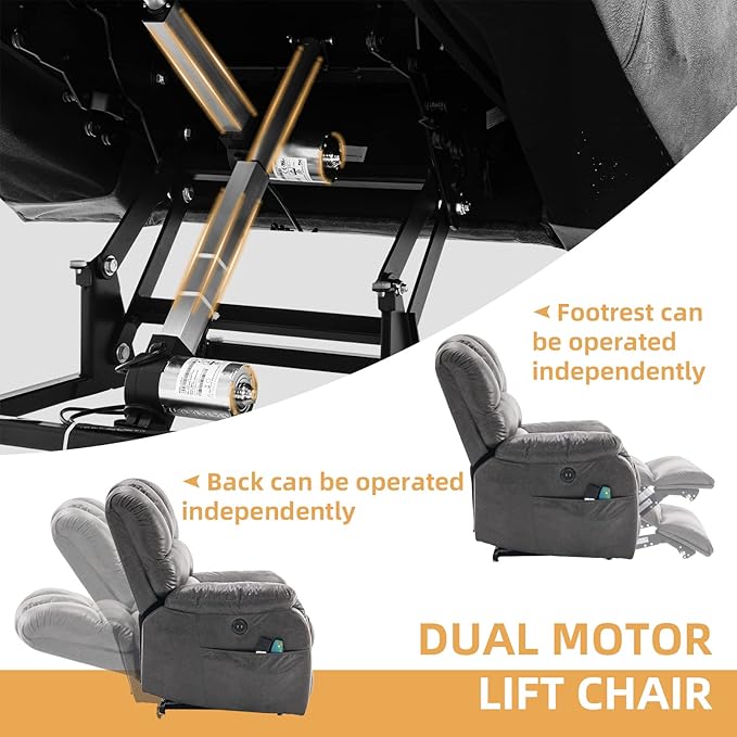 Lay Flat Sleeping Dual OKIN Motor Electric Lift Recliner w/Heat Massage for Big Man Large Infinite Position Reclining Chair Up to 350 LBS for Living Room 2 Remote Controls/USB Port Grey