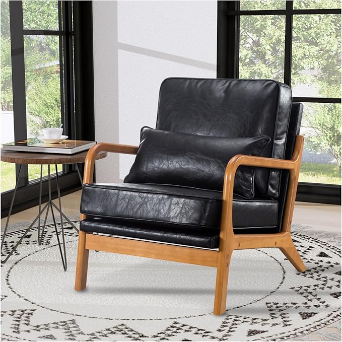 Leather Armchair with Wood Frame Waist Cushion Mid Century Modern Comfortable Single Person Sofa Chair Armrest Reading Accent Chairs for Living Room Bedroom (Black)