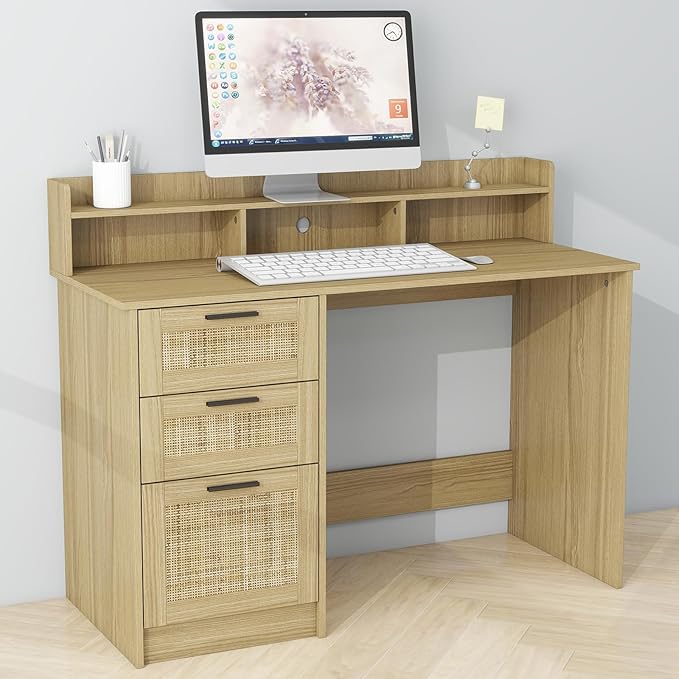 Computer Desk with Rattan Drawers and Hutch - 47 Inch Home Office Boho Writing Desk with Storage File Drawer &amp Monitor Stand Modern Wood Computer Table
