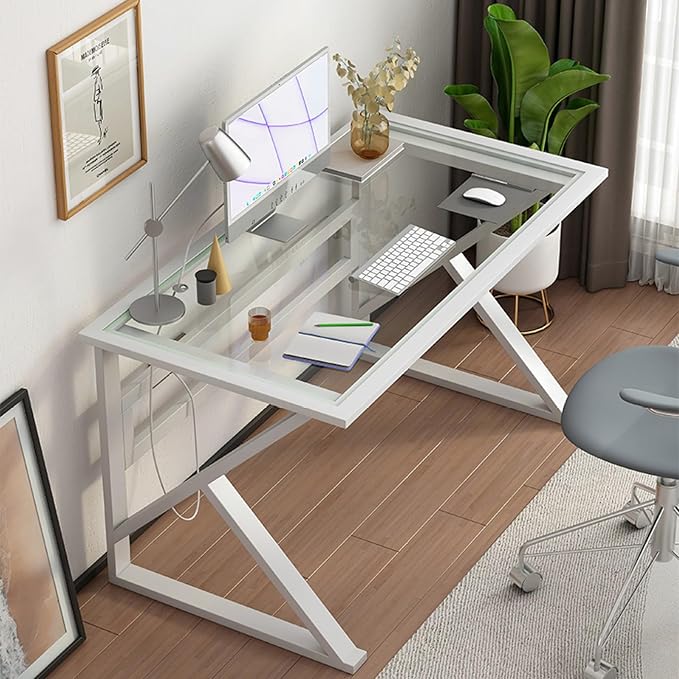 Modern Home Office Desk Tempered Glass Desk with Metal Frame and Clear Glass Tabletop Small Computer Desk for Home Office(47 Inch White)